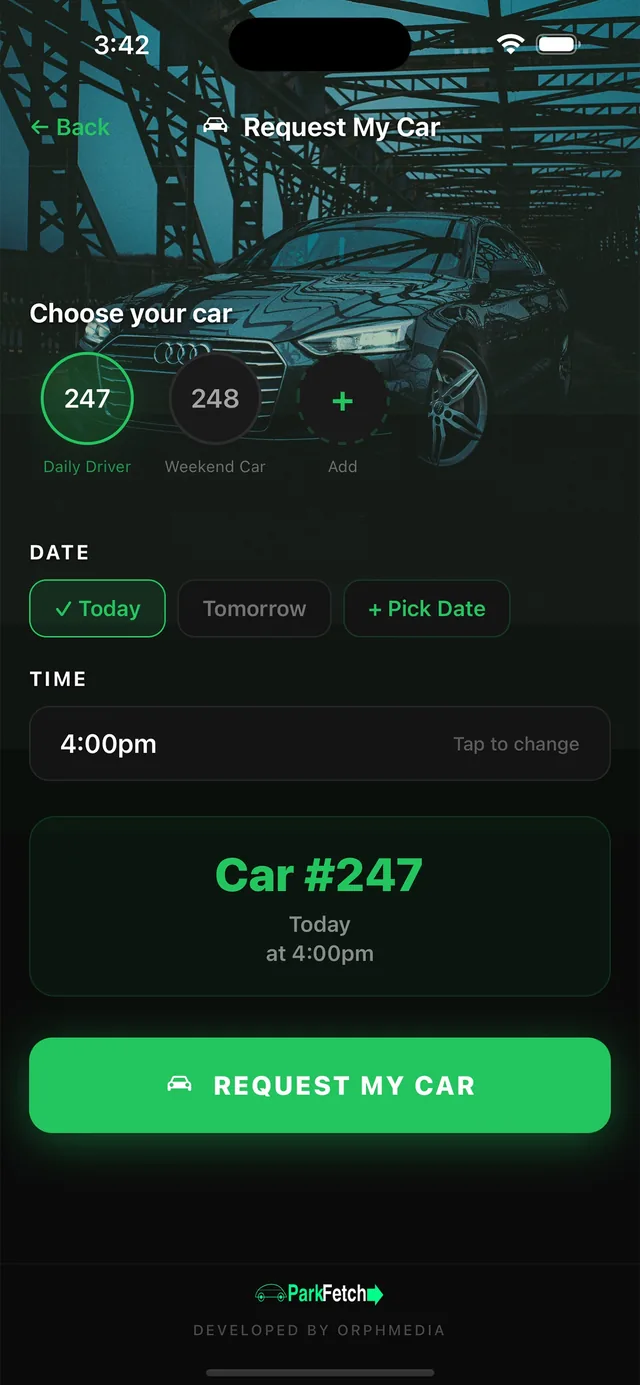 ParkFetch resident app: choose which car