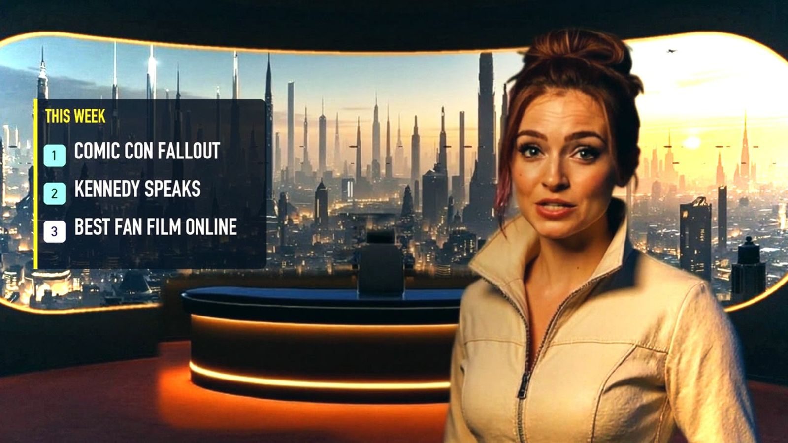 Nyx Vela, AI host of Lightspeed Leaks, at her orbital news desk
