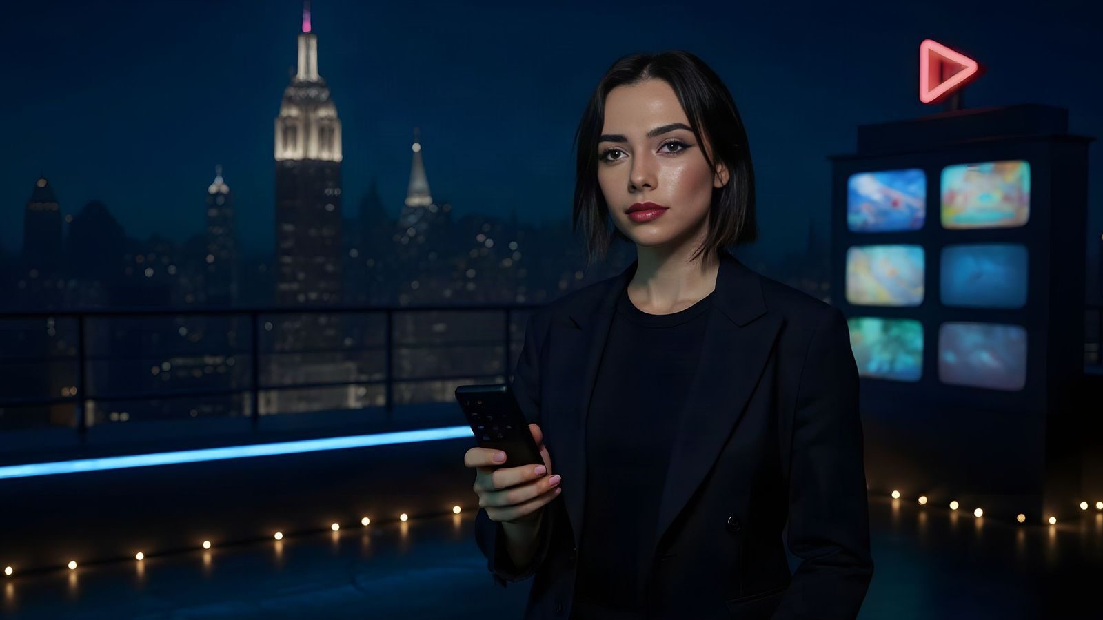 Remy Marlow, AI host of Starts This Friday, on a rooftop at night